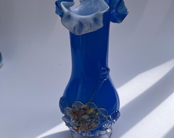 Vintage Blue Hand Blown Glass Vase Murano with Applied Floral Fused Glass Design