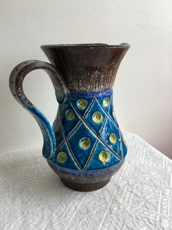Blue And Yellow 70s Italian Ceramic Jug Vase Etsy