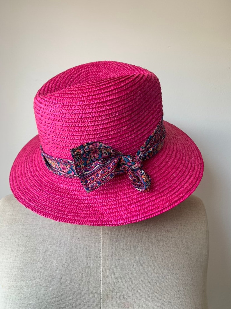 Original Cacharel straw hat Designer straw hat vintage beach accessories vintage womens summer straw hat in fuchia color