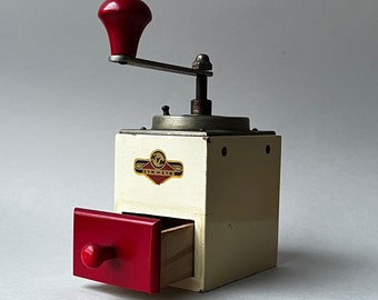 Vintage KYM retro red manual coffee grinder moulin W Germany, cool coffee shop display prop, birthday barrista gift