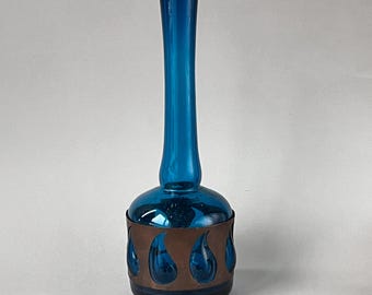 Rare 60s Felipe Derflingher cobalt blue caged glass decanter  long neck copper metal encasing, mid century Mexican hand blown glass vase