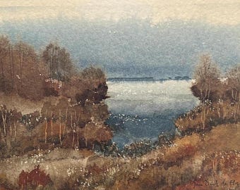 Vintage Woodland Lake Landscape Lithography Art Signed by Jan Derk De Haen in Wood Frame, Gallery Wall Art  Original  Linocut H 26cm W28cm