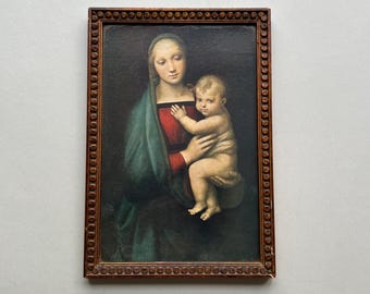 Vintage Madonna Del Granduca After Raphael Print Gilt Wood Frame  Virgin Mary and Child Religious Art Momento, Medieval Antique Wall Art