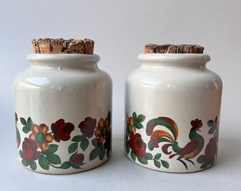 Vintage French Rustic Stoneware Canisters with Cork Lids &  Rooster Decoration, Retro kitchen Earthenware Jar Containers