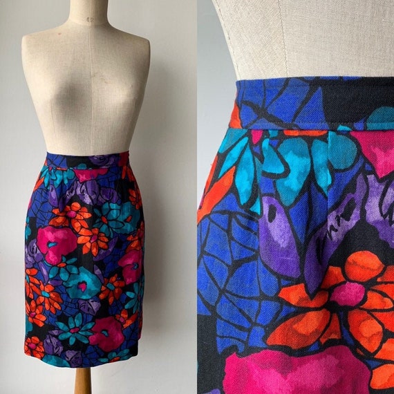 1980s wool floral bold teal pink tailor made skirt