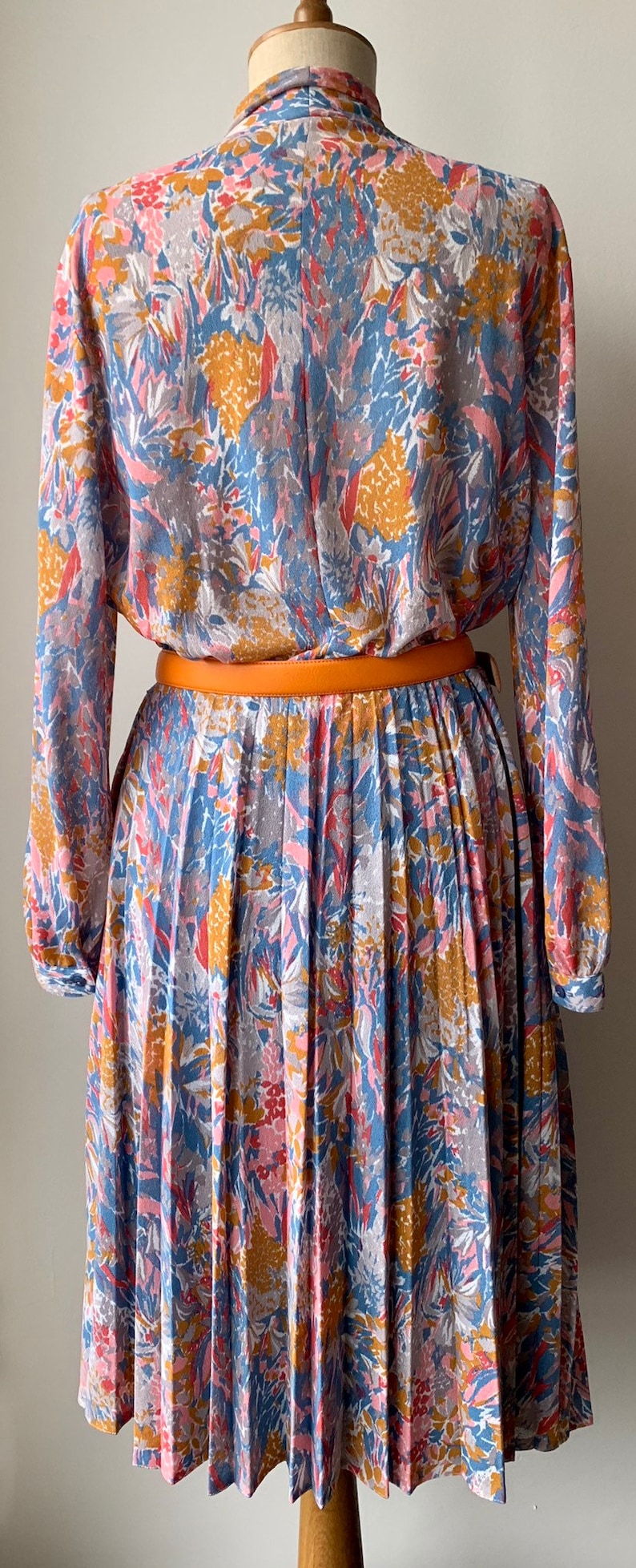 Geometric abstract print dress orange sky blue and lilac long sleeve midi,secretary midi Vintage midi dress with pleated skirt and bow tie