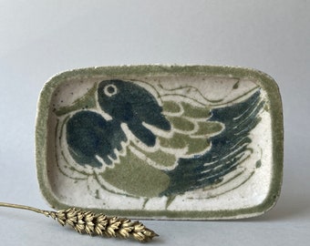 ARPOT ceramic hand thrown peace dove  vanity trinket dish,  muted green beige hand made Swiss ceramic jewelry box, vintage dresser top tray