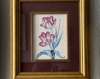 May include: A framed floral print featuring two tulips with red and white petals and blue-green leaves. The artwork is set against a burgundy background within a gold-colored frame, creating a classic aesthetic. The frame is approximately 12 inches by 10 inches.