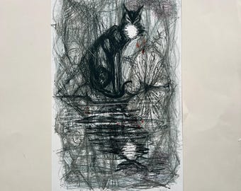 Vintage 1953 Lithograph The Cat that Fishes Signed & Numbered 101/200 by Swiss Artist Hans Fischer (1909-1958) Original Art Cat Lover Gift