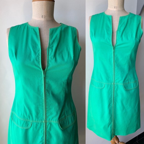 90s Green sleeveless mini dress with front zipper