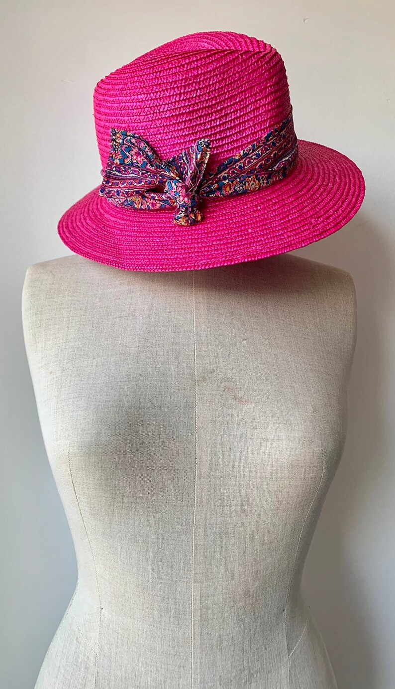 Original Cacharel straw hat Designer straw hat vintage beach accessories vintage womens summer straw hat in fuchia color