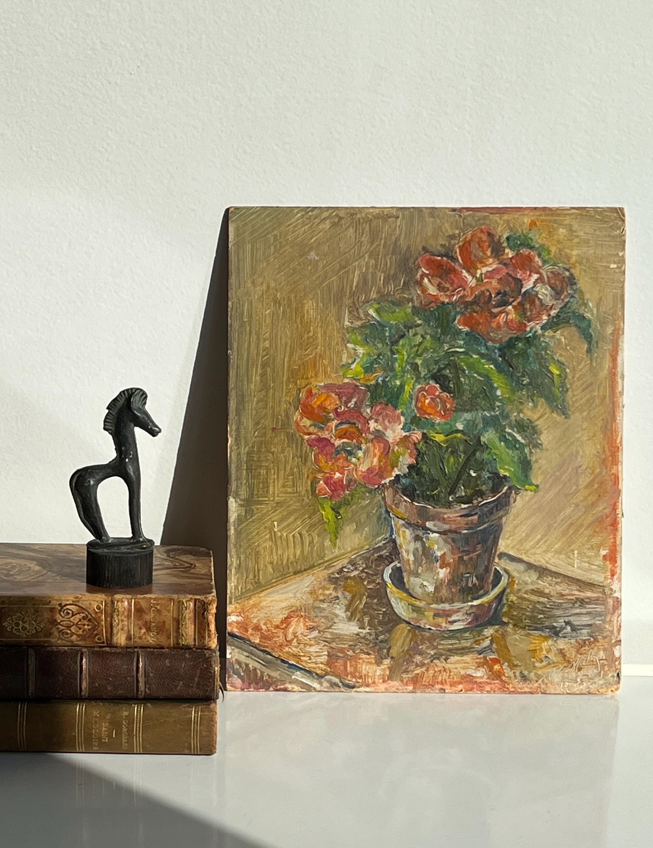 Vintage Oil Painting Miniature Still Life Potted Flower Plant on Board, Artist Signed Original Unframed Art, Gallery Wall Art Small Spaces