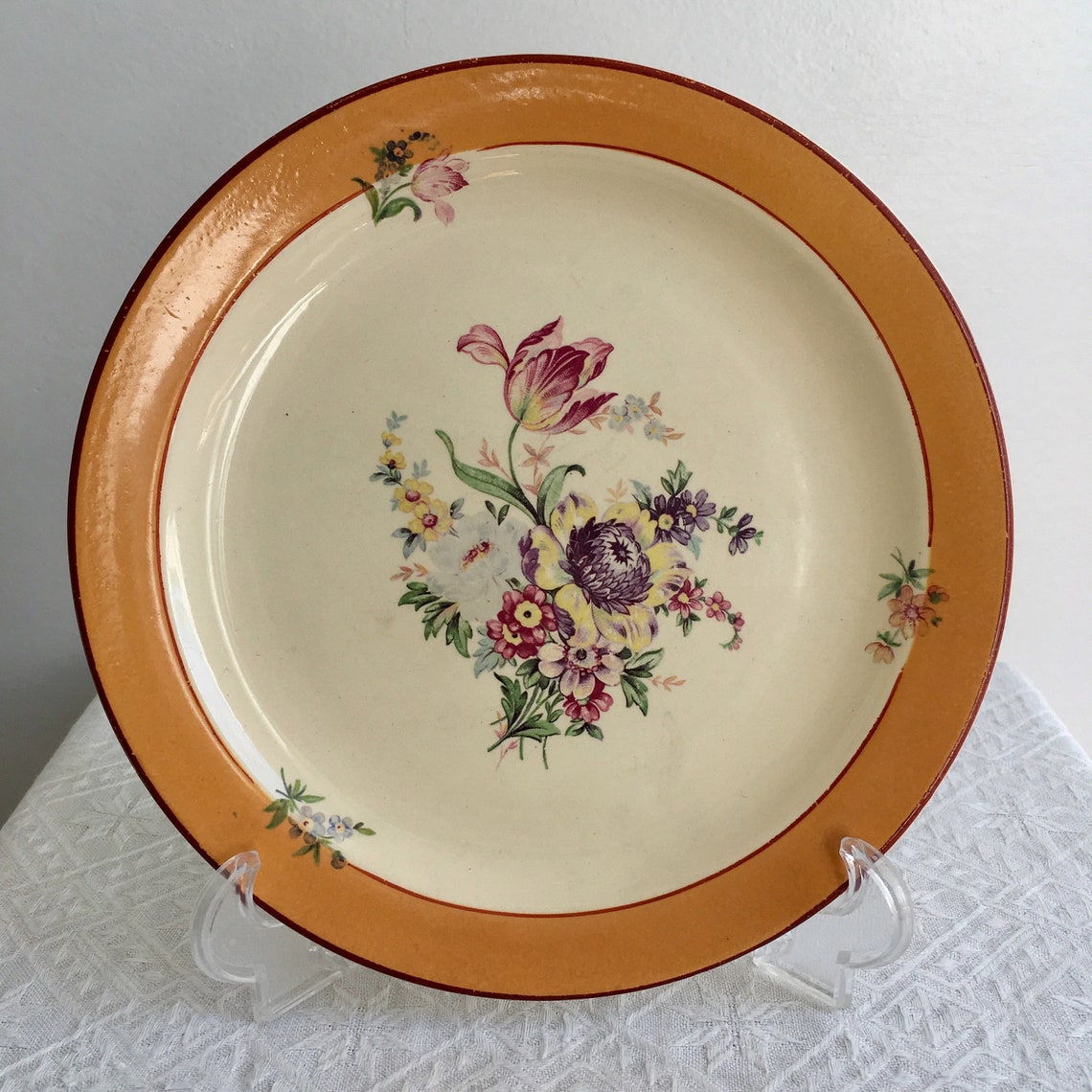 Five set of orange vintage plates with hand painted floral Etsy