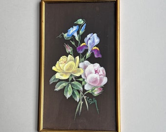Vintage framed floral painting on silk, original signed rectangular gallery wall art for home, housewarming gift