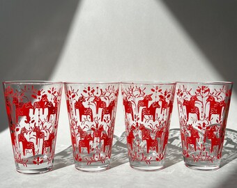 Vintage Red Dala Horse Sweden  Christmas tall drink glasses