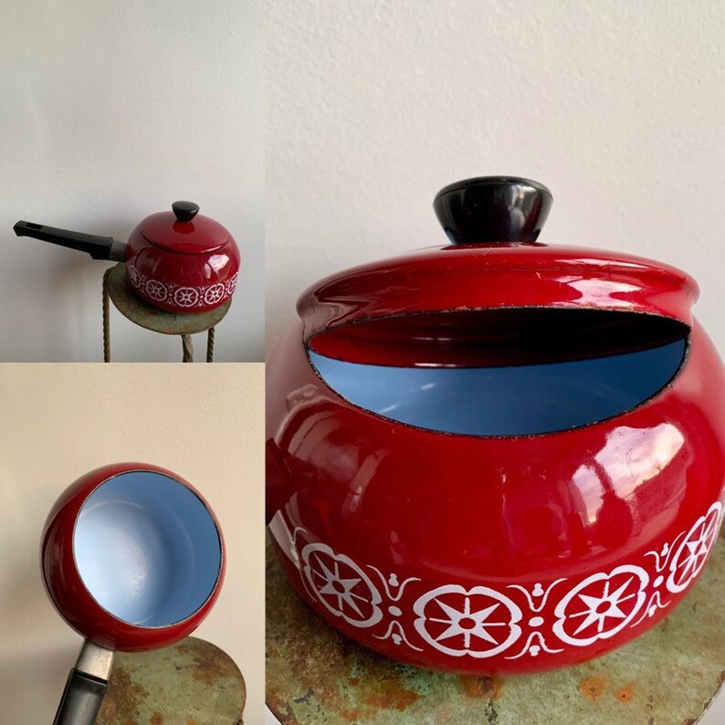 Red blue vintage swiss fondue pot with lid retro fondue set Etsy