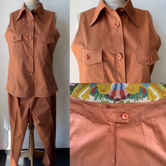 Brown sleeveless cotton pant suit,vintage office s