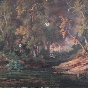 Pintura al óleo antigua en miniatura del siglo XIX sobre cartón, paisaje de madera y escena de fuente, mujeres recogiendo agua, reversible, estilo oscuro melancólico, 18 x 22 cm