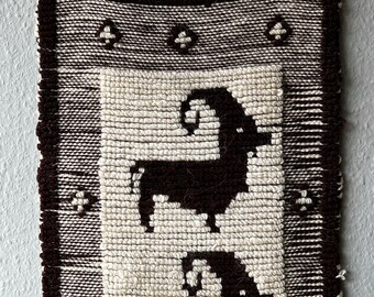 Vintage mid century retro hand woven ram wall hanging tapestry, Vintage embroidered ram shaggy rya berber rug 40x95cm / 15.7 x 37.4in