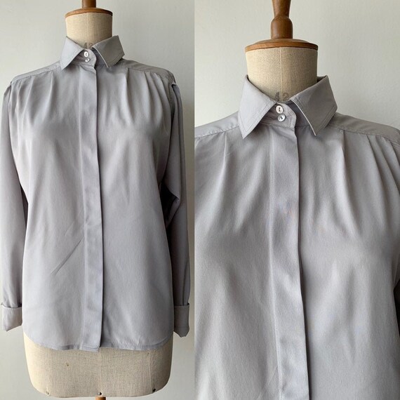 1980s ALEXANDER silver grey SILK blouse, 80s secre