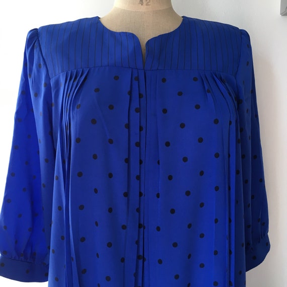 80s Royal blue trapeze dress with black polka dots