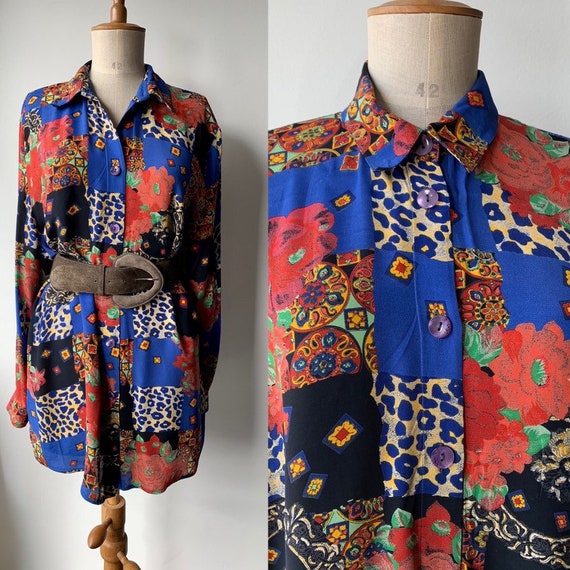 1980s colorful animal & floral print vintage blous
