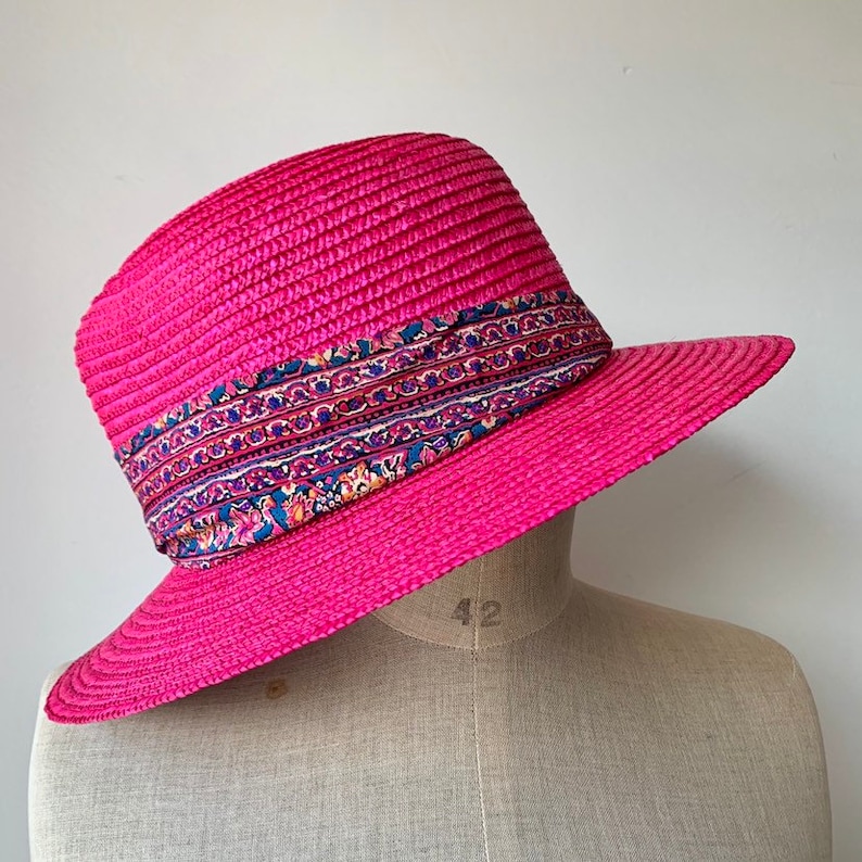 Original Cacharel straw hat Designer straw hat vintage beach accessories vintage womens summer straw hat in fuchia color