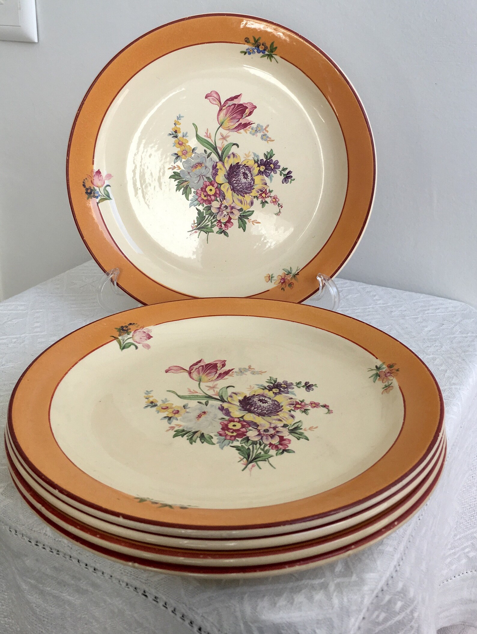 Five set of orange vintage plates with hand painted floral Etsy