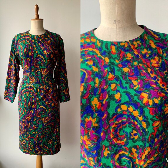 Vintage 80s green wool midi dress, polka dot colo