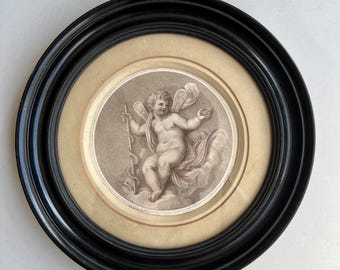 Antique Miniature Engraving of Cherub The God of Healing & Medicine holding the Rod of Asclepius in a Round Black Wood Frame Chateau D 26cm