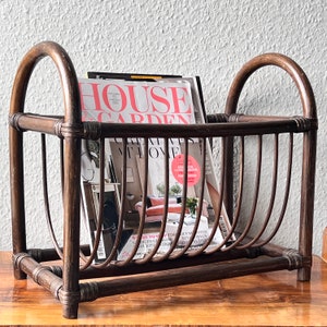 Vintage 70s Bamboo Brown Magazine Rack, Mid century Rattan Towel Storage, Wooden Newspaper Holder, Retro Living Room Atomic Home Decor, MCM