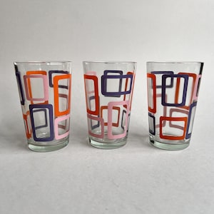 Vintage 70er Jahre MOD Trinkglas Becher Geometrisches Muster mit Quadrat Orange Lila Rosa Quadrat, Mid Century Cocktail Highball Trinkgläser