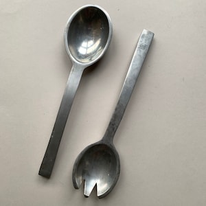 Vintage Aluminum Salad Server Utensils, Mid Century Metal Salad Severing Set, Retro Cutlery Flatware Fork & Spoon Tossing Tongs