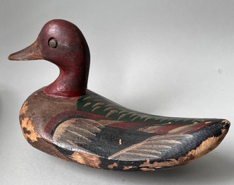 Antique Red Head Painted Duck Decoy, Hand Carved Primitive Lightweight Wooden Decoy Mallard,Original Paint Distressed Hunting Folk Art Decor