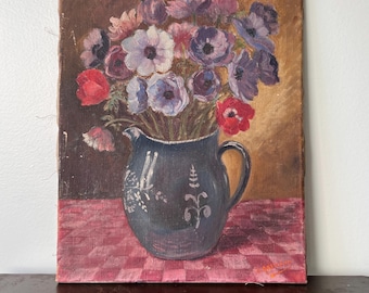 Vintage Moody Canvas Oil Painting of Blue Jug with Anemones, Colorful Floral Still Life,Botanical Maximalist Artwork, French Farmhouse Decor
