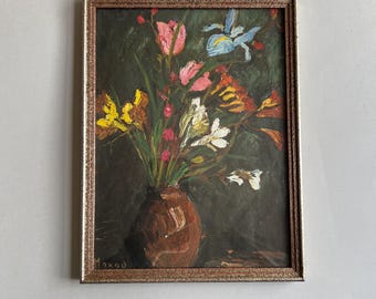 Vintage bouquet de fleurs imprimé encadré, nature morte vase de fleurs colorées, galerie d'art mural petit espace, art décoratif à collectionner, décoration antique