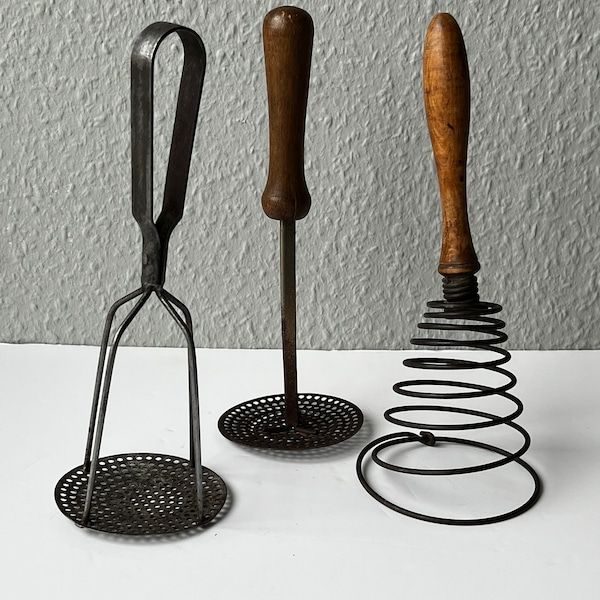 Antique farmhouse primitive kitchen cooking Tools - egg beater or whisk and potato mashers, retro essential cooking utensils gift chef