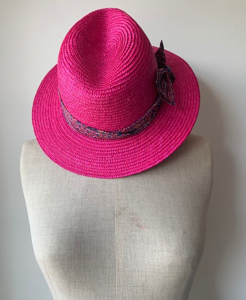 Original Cacharel straw hat Designer straw hat vintage beach accessories vintage womens summer straw hat in fuchia color