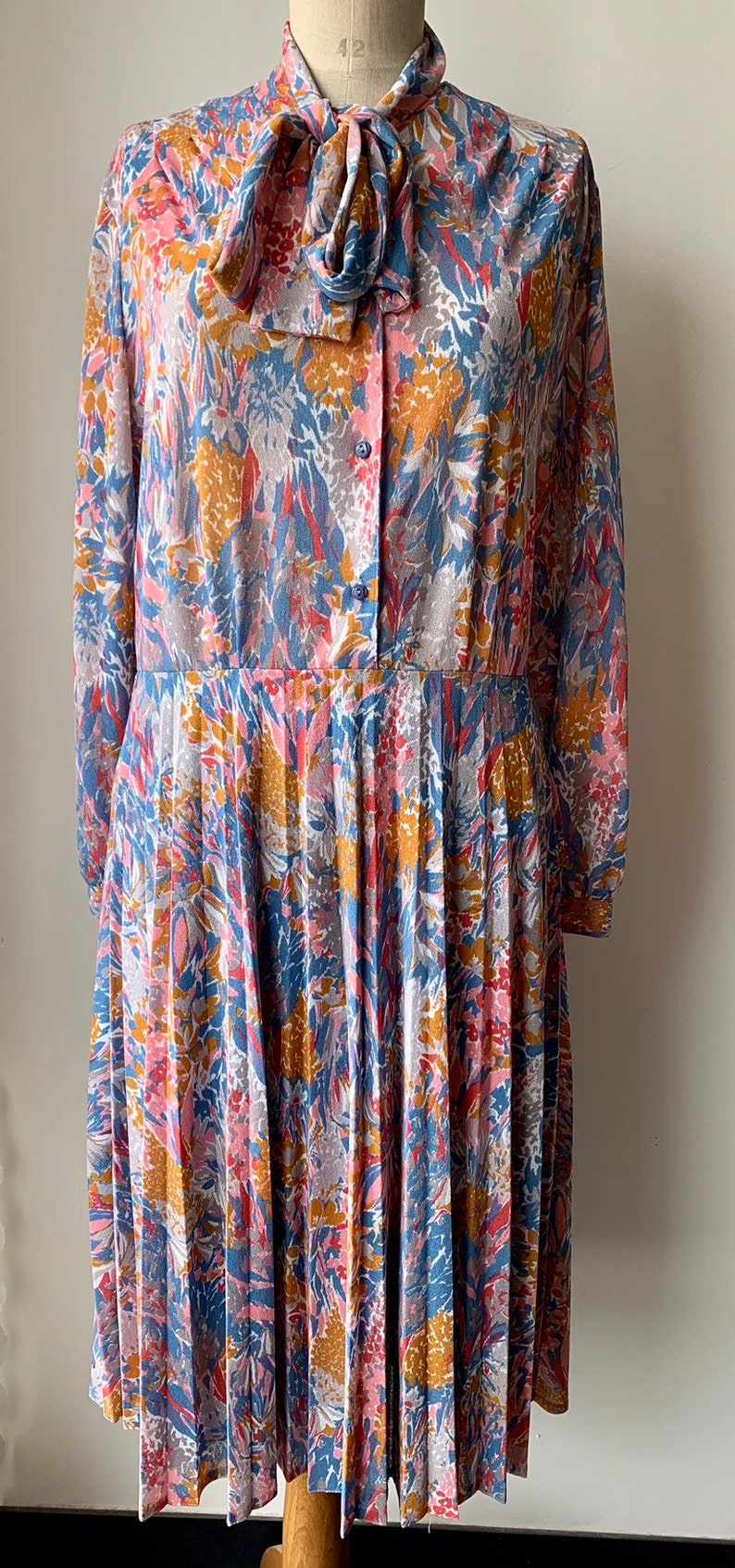 Geometric abstract print dress orange sky blue and lilac long sleeve midi,secretary midi Vintage midi dress with pleated skirt and bow tie