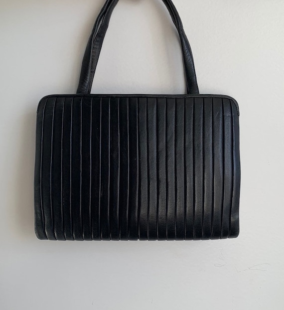 Vintage 50s leather black handbag, black mini leat