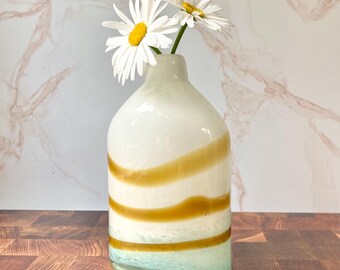 Midcentury Hand Blown Vase - White & Mustard Stripes