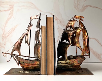 Vintage Metal Ship Bookends with Patina - Nautical Home Accents