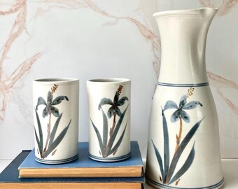 Hand-Painted Blue Flower Studio Pottery Carafe and Cups Set – Cream Gray Minimalist Style