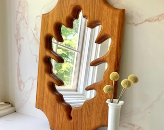 Vintage MCM Solid Wood Oak Leaf Shaped Decorative Mirror