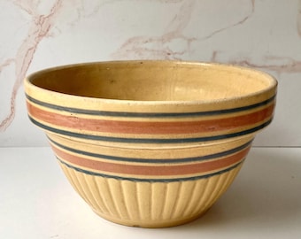 Antique Yelloware Striped 9” Mixing Bowl - Rustic Primitive Country Kitchenware