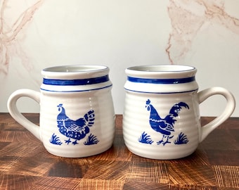 Vintage Blue Hen Rooster Mugs – Farmhouse Stoneware Kitchen Decor - Set of 2
