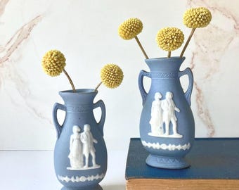 Vintage Wedgewood Style Mini Vases – Matte Blue Greco-Roman Figures (Set of 2)