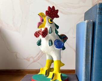 Vintage Handmade Terracotta Painted Rooster by Mexican Artist Juan Jose Ramos Medrano