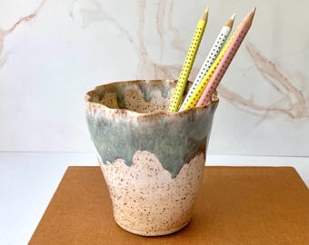 Handmade Ceramic Ruffle Rim Cup - Peach & Gray Speckle with Drippy Glaze