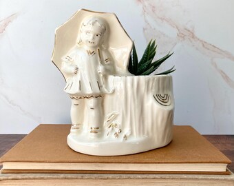 Vintage Girl with Umbrella Ceramic Decorative Planter - White & Gold - MCM